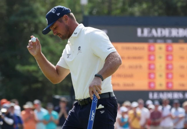 Bryson DeChambeau of the U.S. reacts