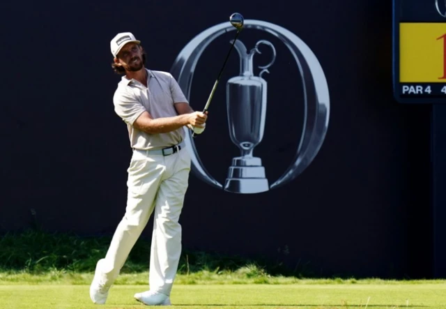 Tommy Fleetwood of England tees off