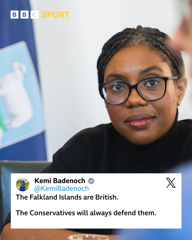 graphic showing photo of Kemi Badenoch and tweet which reads: 'the falkland islands are british. the conservatives will always defend them.'