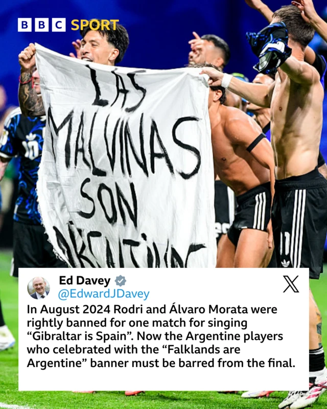 Ed Davey tweet about Falklands banner held by Argentina players