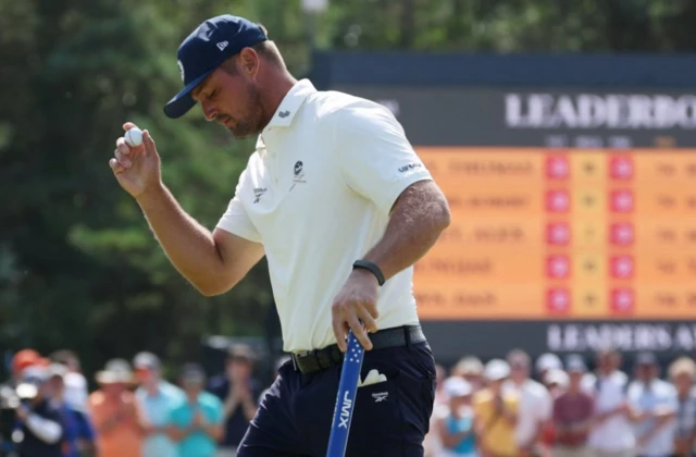 Bryson DeChambeau of the U.S. reacts