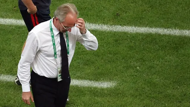 wedish head coach of the English team Sven-Goran Eriksson reacts during the World Cup 2006 quarter final football game England vs. Portugal, 01 July 2006 at Gelsenkirchen stadium
