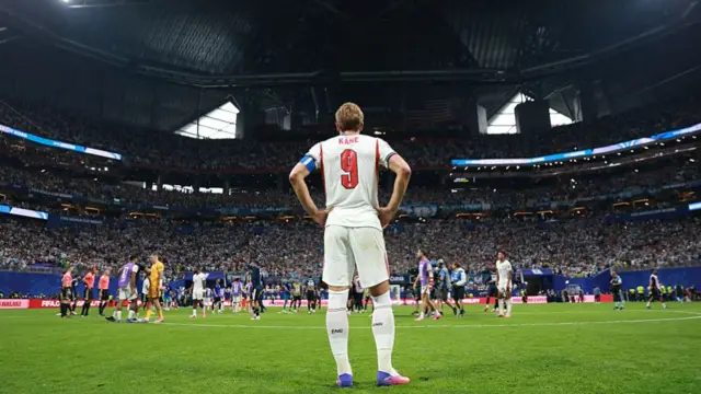 Harry Kane #9 of England looks dejected after the FIFA World Cup 2026 Semi Final match between England and Argentina at Atlanta Stadium on July 15, 2026 in Atlanta, Georgia