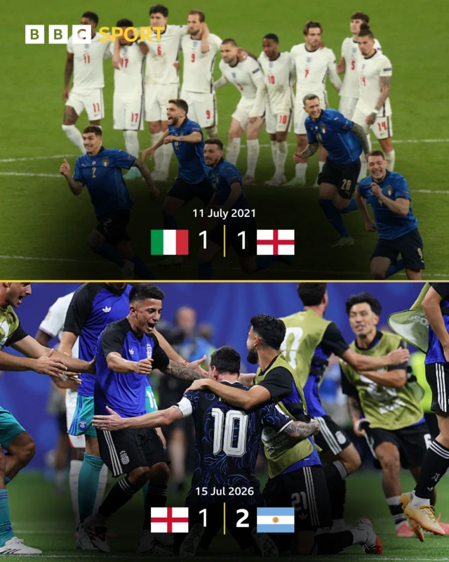 Spilt picture showing Italy 1-1 England and England 1-2 Argentina
