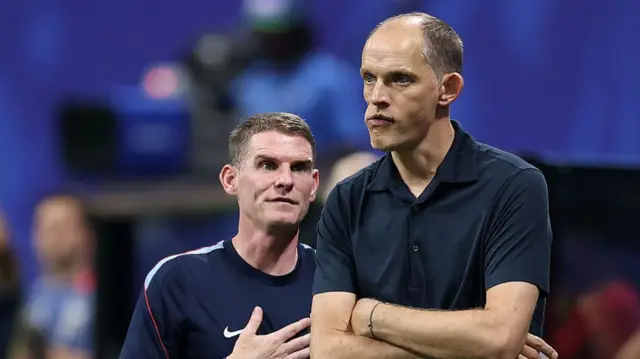Thomas Tuchel, Manager of England, looks on during the FIFA World Cup 2026 Semi Final match between England and Argentina at Atlanta Stadium on July 15, 2026 in Atlanta, Georgia