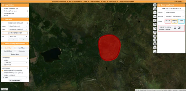 A red circle covering an area of land estimated to have been burned in the fire, according to EFFIS satellite data