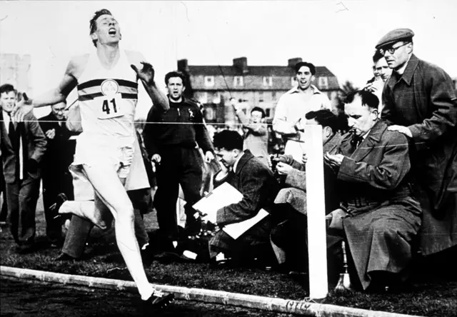 Roger Bannister breaks the four-minute mile barrier in 1954
