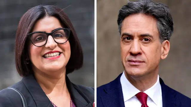 Composite image with Shabana Mahmood on the left and Ed Miliband on the right
