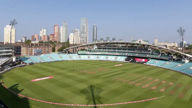 The Oval, with blue skies and sun shining with the London city skyline in the background, before Women's T20 Blast Finals Day