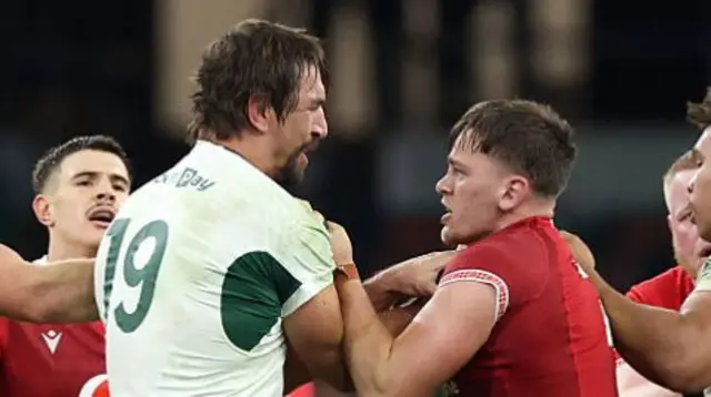 South Africa's Eben Etzebeth grapples with Wales' Alex Mann