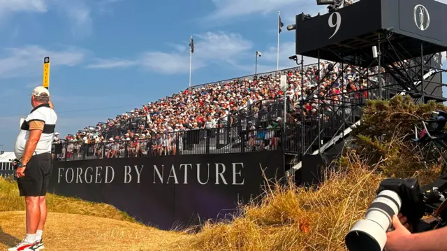 Spectators in the stand on the ninth hole at Royal Birkdale