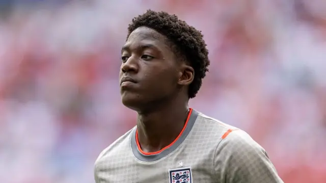 Kobbie Mainoo #16 of England loosens up before the FIFA World Cup 2026 Quarter Final match between Norway and England at Miami Stadium on July 11, 2026 in Miami Gardens, Florida.