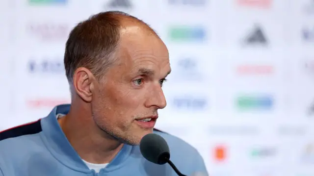 Thomas Tuchel, Manager of England, looks on during a Press Conference ahead of the Bronze Final match between France and England at Miami Stadium on July 17, 2026 in Miami Gardens, Florida.