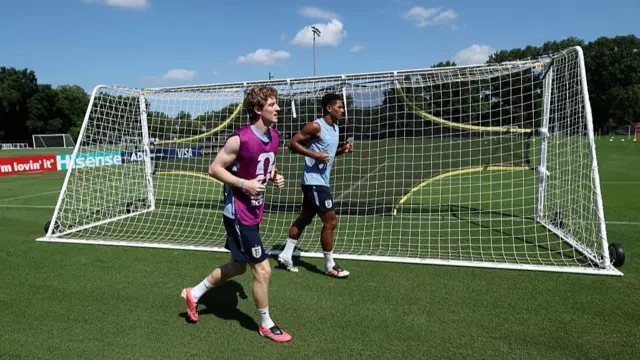 Anthony Gordon #18 and Jude Bellingham #10 of England train during an England Training Session during an England World Cup 2026 Camp on July 17, 2026 in Kansas City, Kansas.