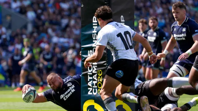 Pierre Schoeman (left, wearing dark blue), dives over for a try with the ball in his left hand