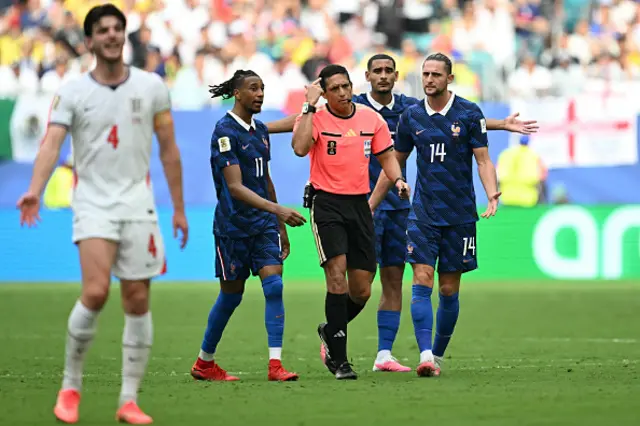 Jesus Valenzuela with France's forward #11 Michael Olise and France's midfielder #14 Adrien Rabiot