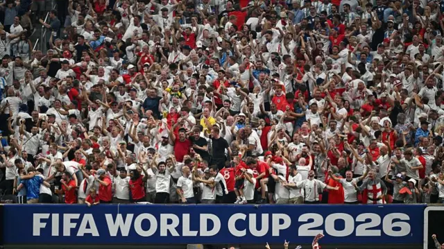 England fans gather at the AKA Mercedes-Benz Stadium in Atlanta, United States, on July 15, 2026, during the FIFA World Cup semi-final match between England and Argentina, following a goal by Anthony Gordon that put England ahead 1-0.