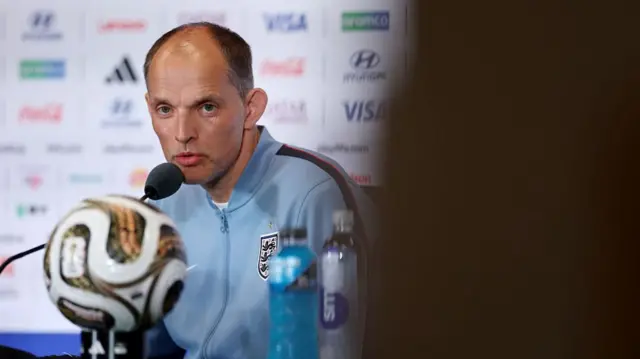 Thomas Tuchel, Manager of England, looks on during a Press Conference ahead of the Bronze Final match between France and England at Miami Stadium on July 17, 2026 in Miami Gardens, Florida