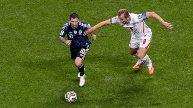 Lionel Messi of Argentina (L) and Harry Kane of England (L) seen in action during FIFA World Cup 2026 football match between England and Argentina at Mercedes Benz Stadium. Final score; England 1:2 Argentina.