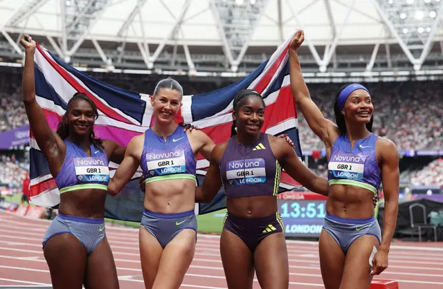 Dina Asher-Smith, Amy Hunt, Success Eduan and Imani-Lara Lansiquot of Team Great Britain pose