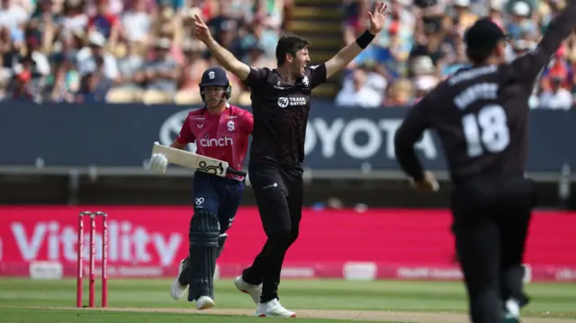 omerset's Craig Overton traps Northamptonshire Steelbacks Nathan McSweeney LBW during the Vitality T20 Finals Day 2026 semi final match between Northants Steelbacks and Somerset County Cricket Club
