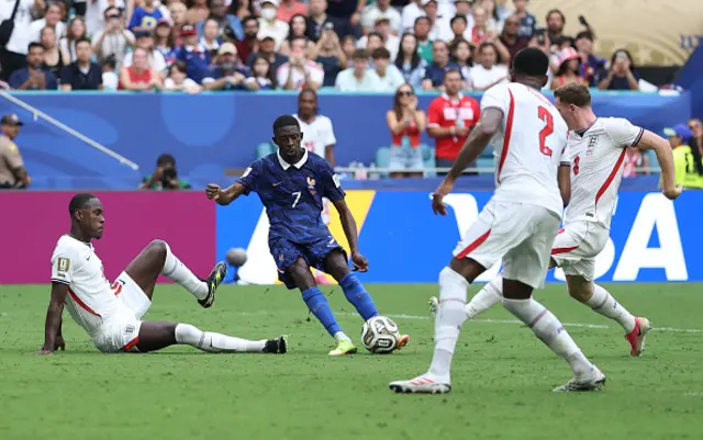 Ousmane Dembele #7 of France scores his team’s fourth goal