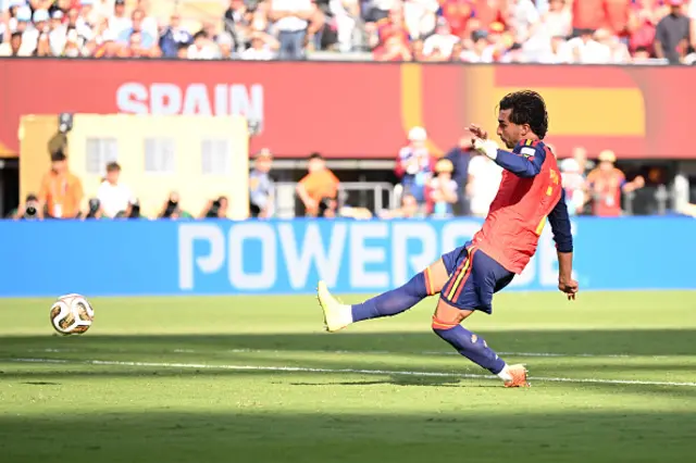 Ferran Torres #7 of Spain scores a goal that was disallowed due to an offside violation