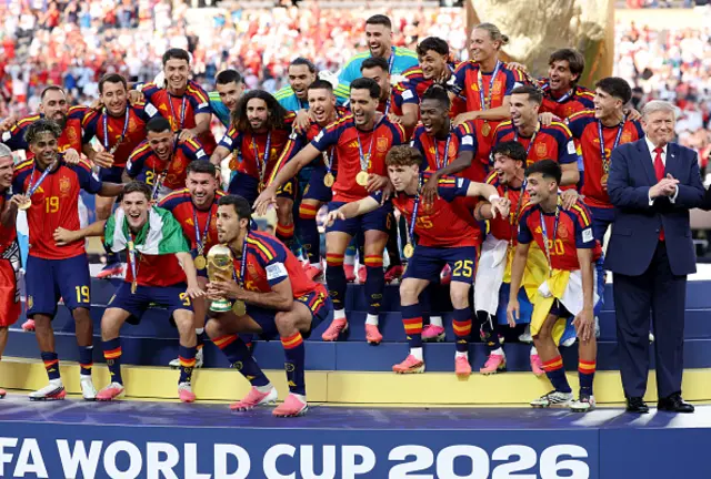 Rodri #16 of Spain lifts the FIFA World Cup Winner’s Trophy