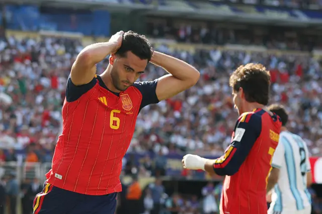 Mikel Merino #6 of Spain reacts after a missed chance