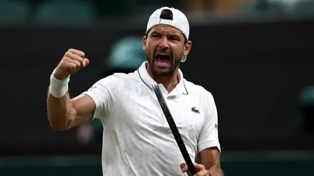 Grigor Dimitrov of Bulgaria celebrates a point