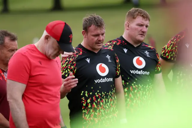 Dewi Lake addresses the Wales squad at training