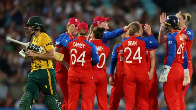 Charlie Dean of England celebrates the wicket of Tazmin Brits of South Africa during the ICC Women's T20 World Cup England & Wales 2026 Semi Final match between England and South Africa at The Oval