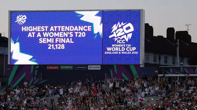 A picture showing that this is the highest attendance at a women's T20 semi-final at 21,128