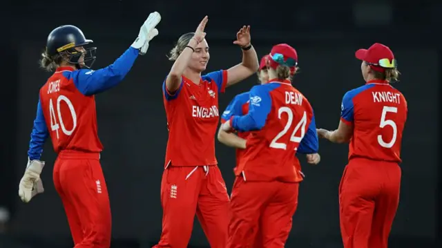 Freya Kemp of England celebrates the wicket of Annerie Dercksen of South Africa during the ICC Women's T20 World Cup England & Wales 2026 Semi Final match between England and South Africa at The Oval