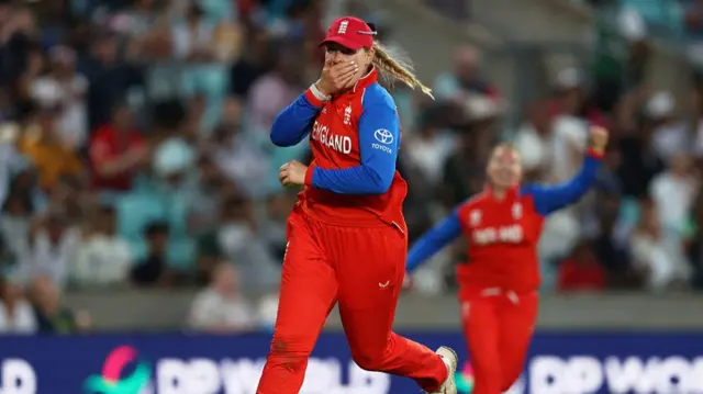Sophie Ecclestone of England takes a catch to dismiss Sune Luus of South Africa during the ICC Women's T20 World Cup England & Wales 2026 Semi Final match between England and South Africa at The Oval