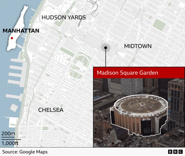 A map of Manhattan highlights the location of Madison Square Garden with a red label and an inset aerial photo of the circular arena. Surrounding neighbourhoods such as Hudson Yards, Midtown, and Chelsea are marked. A scale bar shows 200 meters and 1,000 feet. The source is credited to Google Maps, and the BBC logo appears on the image.