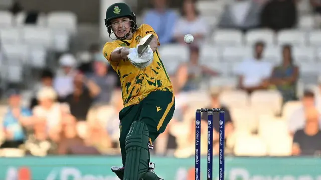 South Africa's Tazmin Brits plays a shot during the ICC Women's Twenty20 (T20) cricket world cup 2026 semi-final game between England and South Africa