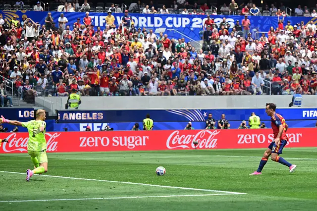 Spain's forward #21 Mikel Oyarzabal scores his team's third goal during the 2026 World Cup round of 32 football match between Spain and Austria at the Los Angeles Stadium in Inglewood on July 2, 2026.