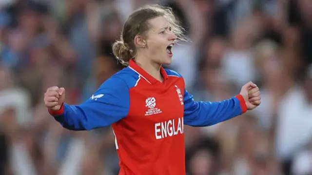 : Charlie Dean of England celebrates after taking wicket of Marizanne Kapp of South Africa during the ICC Women's T20 World Cup England & Wales 2026 Semi Final match between England and South Africa at The Oval