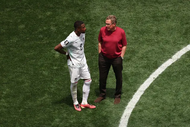 Ralf Rangnick, Head Coach of Austria, speaks with David Alaba #8 after a 0-3 loss during the FIFA World Cup 2026 Round of 32 match between Spain and Austria at Los Angeles Stadium on July 02, 2026 in Inglewood, California.