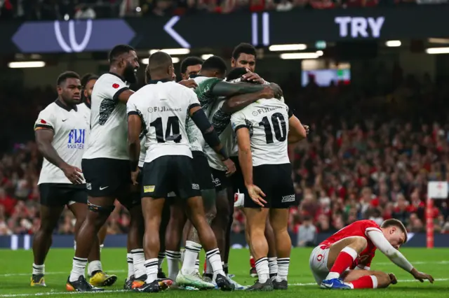 Fiji celebrate a try against Wales in 2024