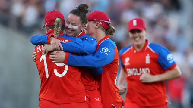 Linsey Smith of England celebrates after taking wicket of Laura Wolvaardt of South Africa during the ICC Women's T20 World Cup England & Wales 2026 Semi Final match between England and South Africa at The Oval