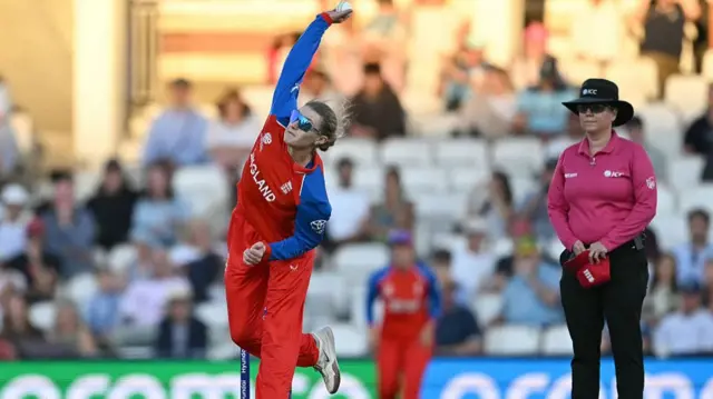 England's Charlie Dean bowls during the ICC Women's Twenty20 (T20) cricket world cup 2026 semi-final game between England and South Africa, at The Oval