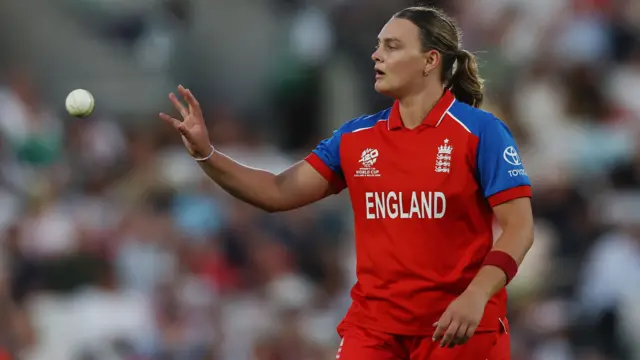 Dani Gibson of England looks on during the ICC Women's T20 World Cup England & Wales 2026 Semi Final match between England and South Africa