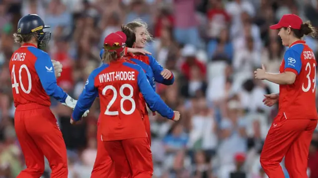 Charlie Dean of England celebrates after taking wicket of Marizanne Kapp of South Africa during the ICC Women's T20 World Cup England & Wales 2026 Semi Final match between England and South Africa at The Oval