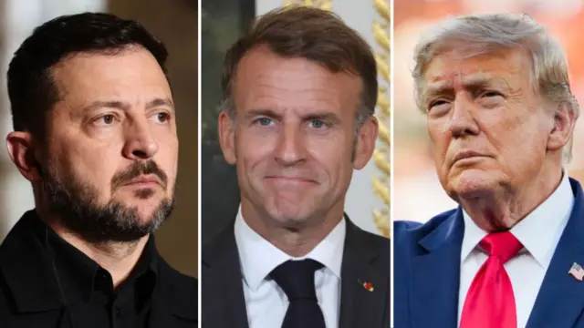 A composite image of close ups of Zlensky, Macron and Trump
