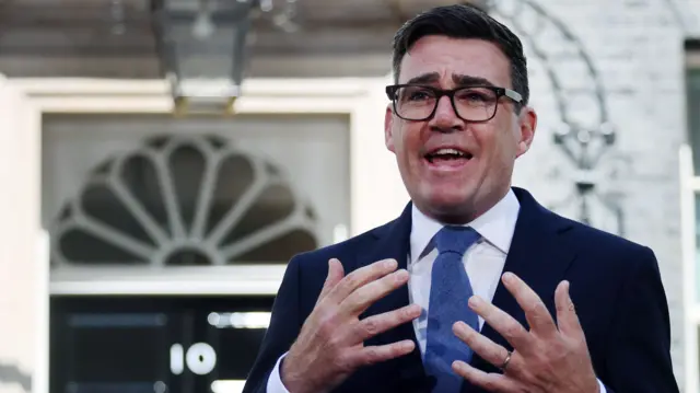 A headshot of Andy Burnham as he speaks outside Number 10