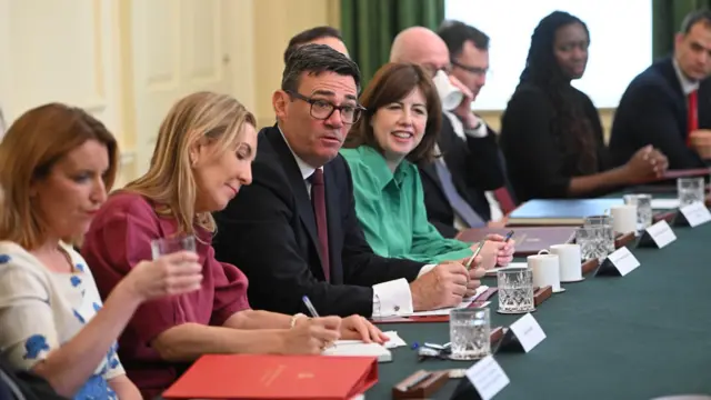 Prime Minister Andy Burnham hosts his first Cabinet meeting with Minister for the Cabinet Office Louise Haigh (left), Cabinet Secretary and Head of the Civil Service Dame Antonia Romeo (second left) and Education Secretary Lucy Powell (fourth left) at 10 Downing Street, London