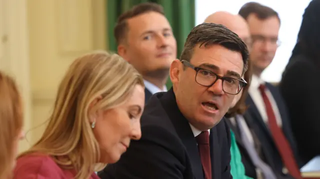 Andy Burnham, UK prime minister, center, with ministers during his first cabinet meeting inside 10 Downing Street in London, UK, on Tuesday, July 21, 2026G