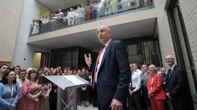 John Healey gives his first all staff address at HM Treasury, London